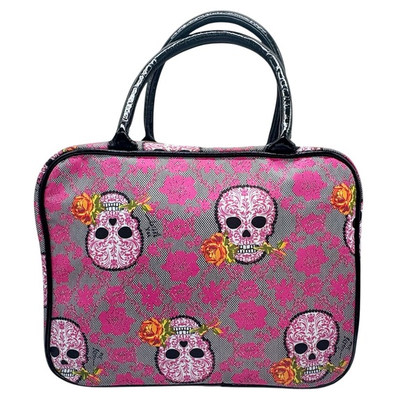 BETSEY JOHNSON Designer Pink Skull Rose Print Large Cosmetic Travel Vacation Bag - Picture 2 of 14